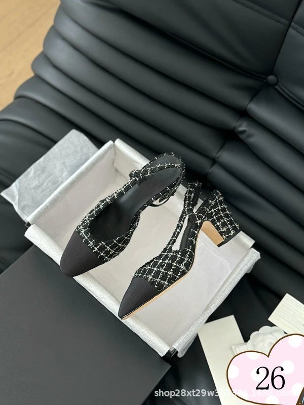 Chanel-inspired Tweed Slingback Block Heels Pink Tip - 26