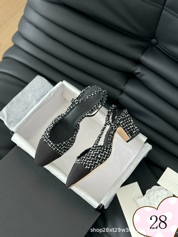 Chanel-inspired Tweed Slingback Block Heels Pink Tip - 28