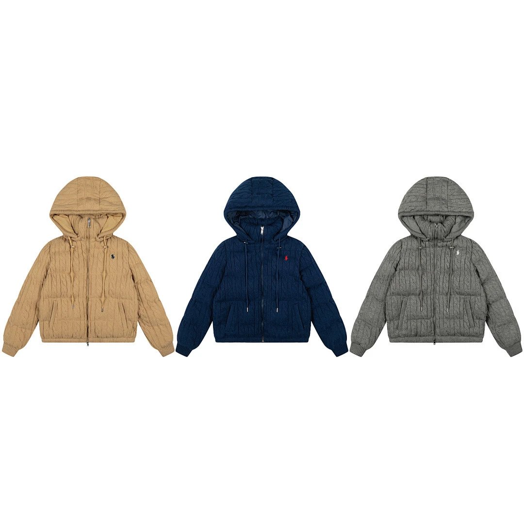 Ralph Lauren Cable Knit Puffer Hoodie Gray Outerwear - 3