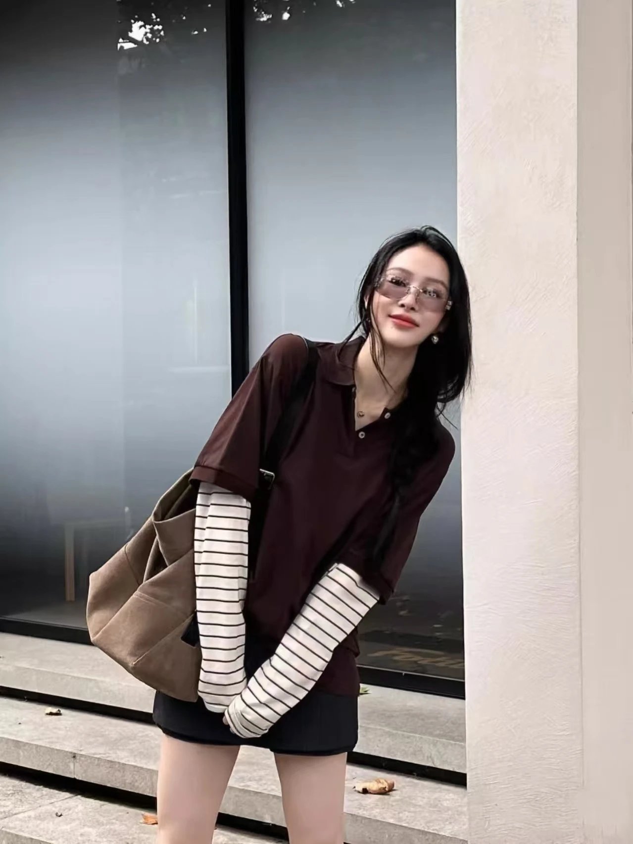 Gallery Dept. Layered Polo Brown Striped Sleeve Top - 6