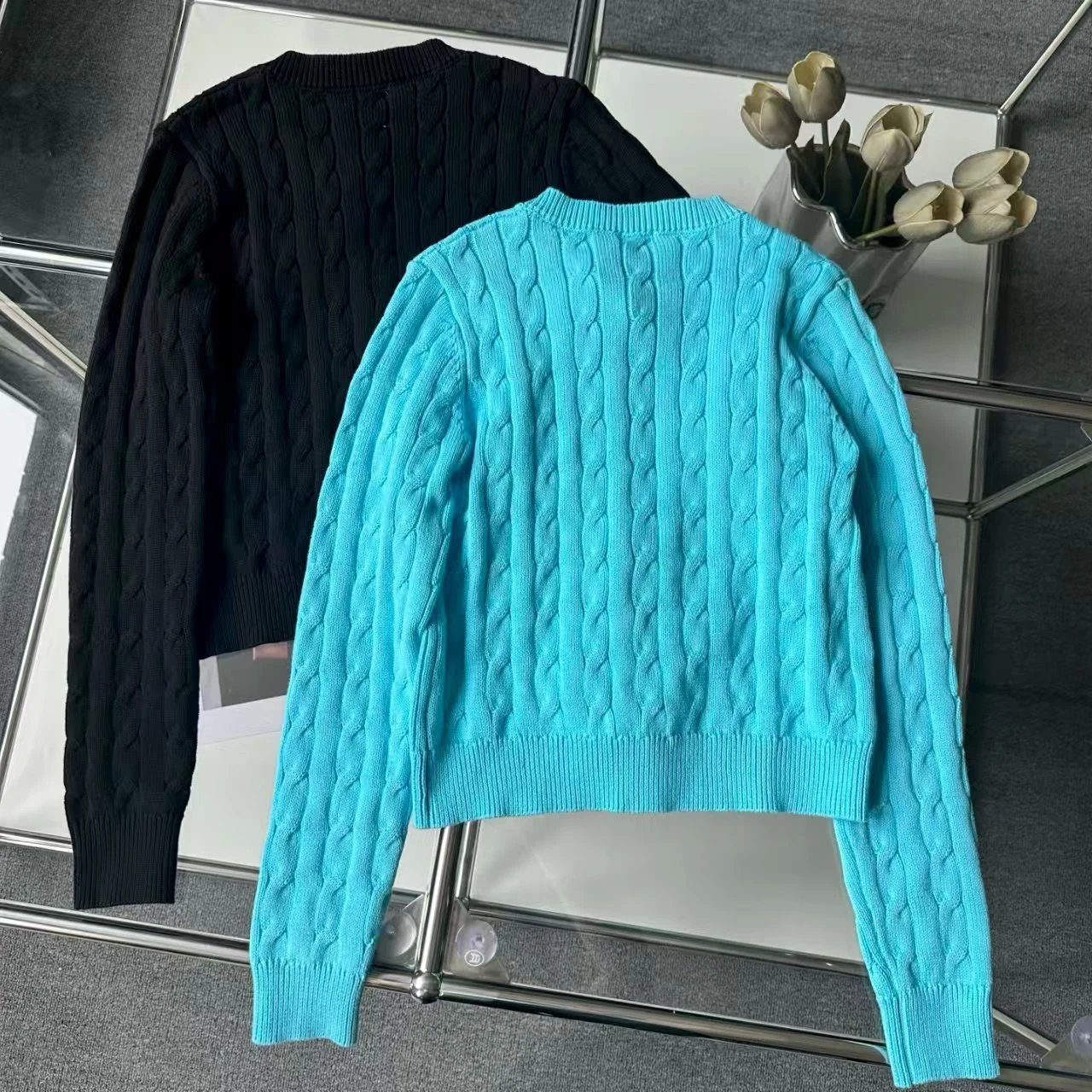 GRA Cable Knit Cardigan Turquoise Blue Cardigan - 4