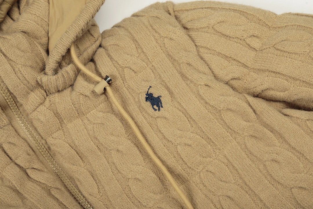 Ralph Lauren Cable Knit Puffer Hoodie Gray Outerwear - 10