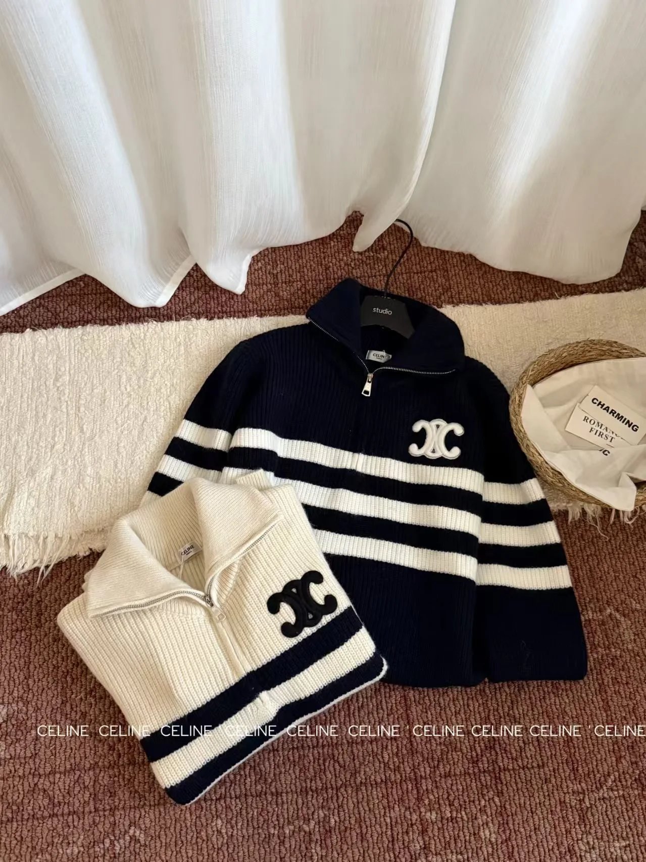 Celine CC Logo Half-Zip Striped Sweater in Cream and Navy - 3