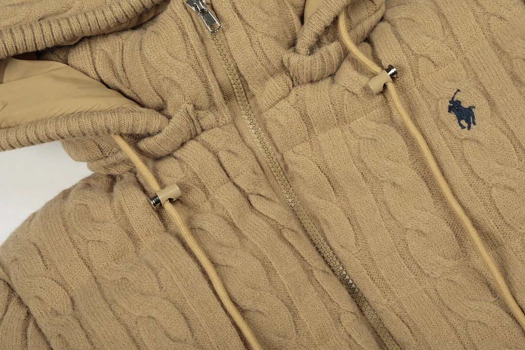 Ralph Lauren Cable Knit Puffer Hoodie Gray Outerwear - 11