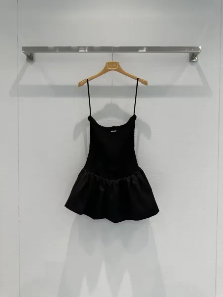 Miu Miu Smocked Satin Mini Dress Black - 3