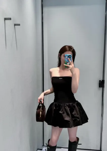 Miu Miu Smocked Satin Mini Dress Black - 9