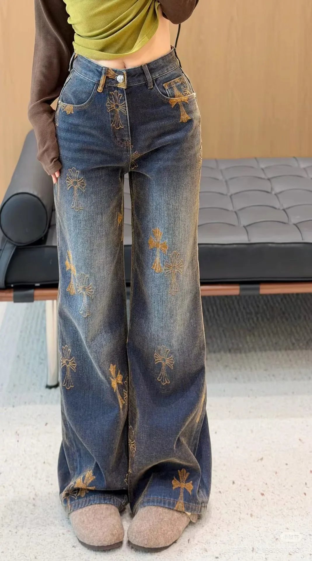 Gallery Dept. Embroidered Cross Motif Wide-Leg Jeans Blue - 4