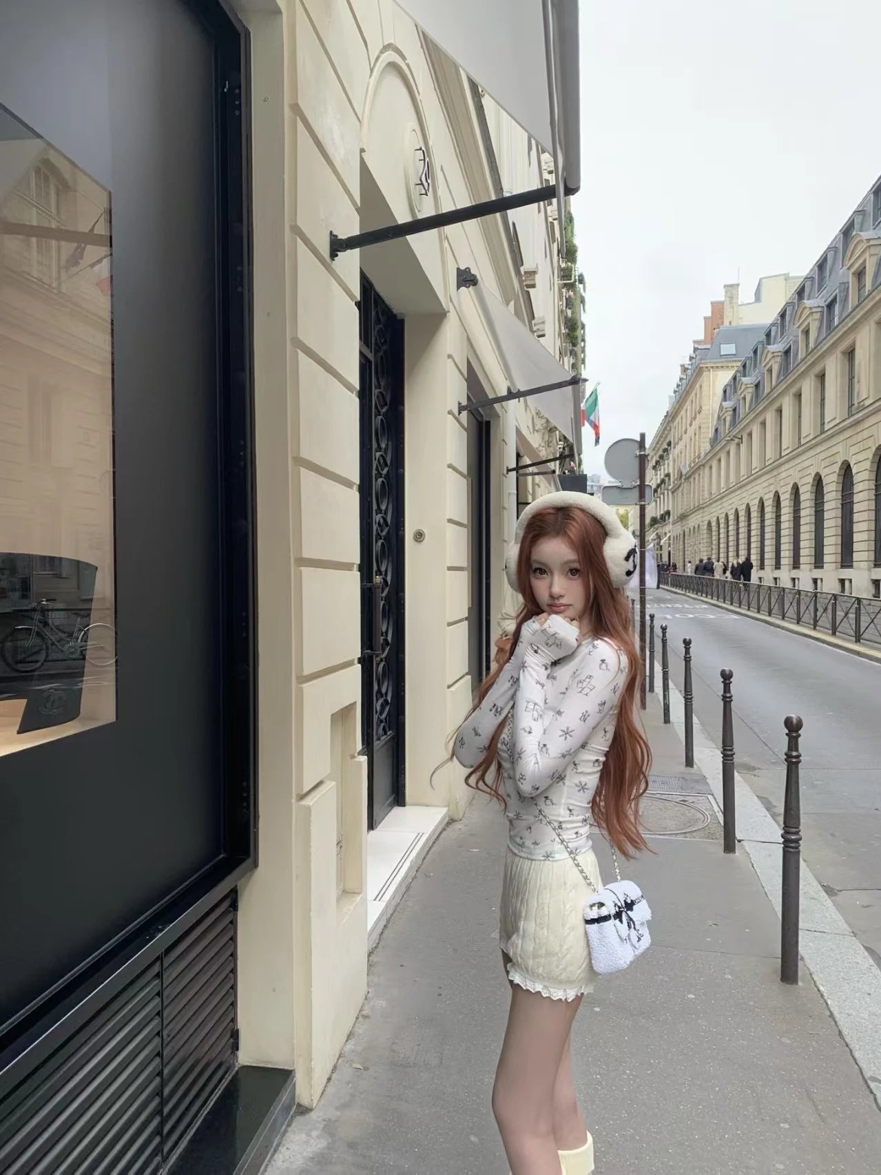 Chanel-Style Earmuffs + Printed Long-Sleeve Top + Cable-Knit Shorts Set - 5