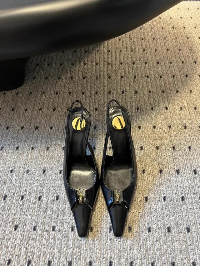 Saint Laurent High Heels Pointed-Toe Slingback with Gold YSL Logo product detail image 1