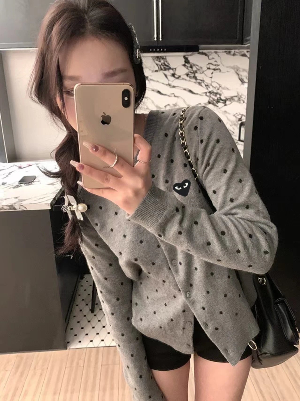 Comme des Garçons Play Polka Dot Cardigan with Red Heart Patch Black - 8