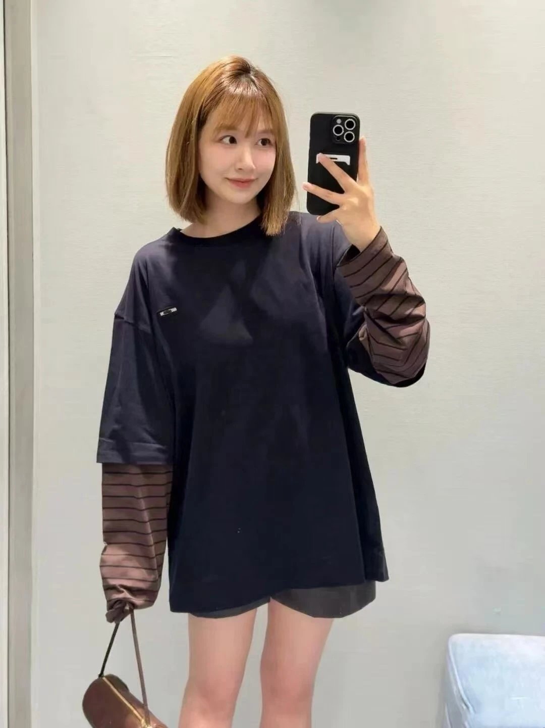 Gallery Dept. Layered Polo Brown Striped Sleeve Top - 8