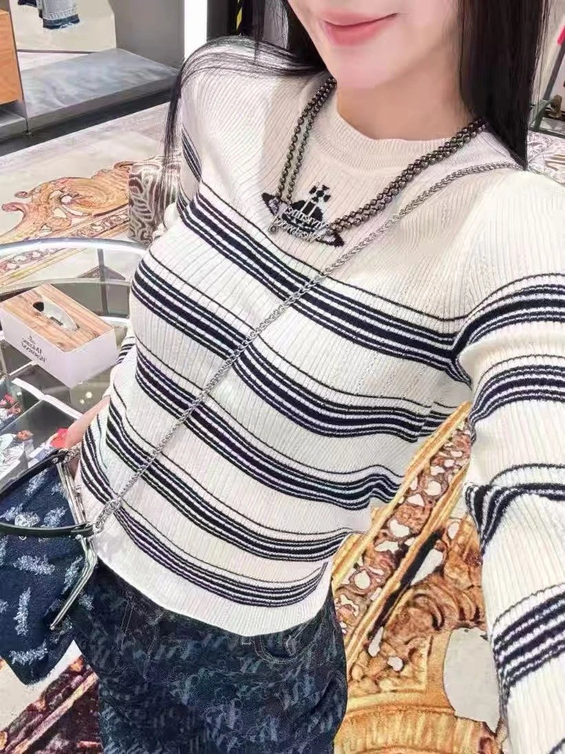 Vivienne Westwood Orb Stripe Cropped Knit Sweater Navy - 4