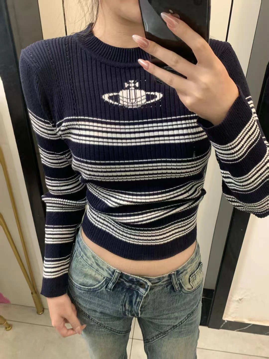Vivienne Westwood Orb Stripe Cropped Knit Sweater Navy - 8