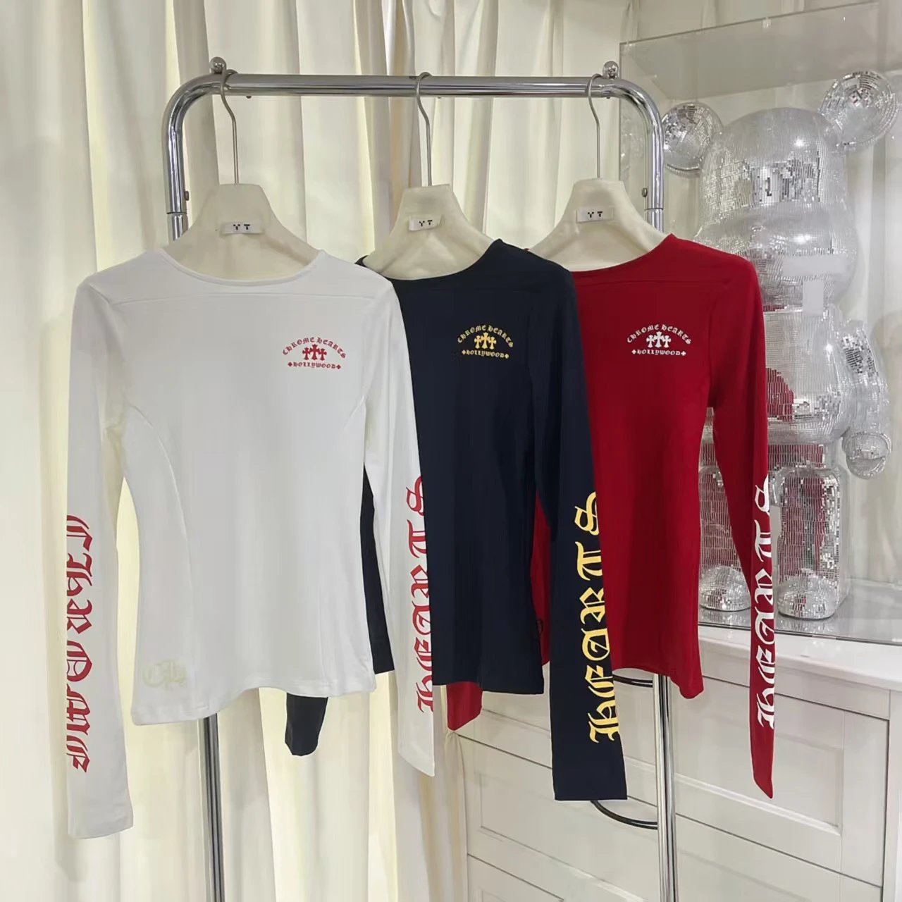 Chrome Hearts Hollywood Cross Long-Sleeve T-Shirt in Navy, Red, and White - 4