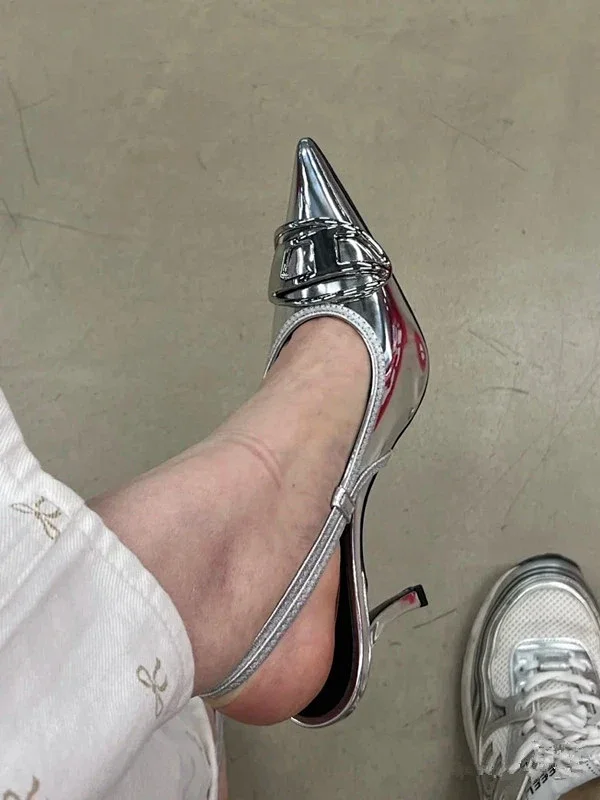 Unbranded High Heels Silver pointed-toe slingback stiletto with metal buckle detail product detail image 9
