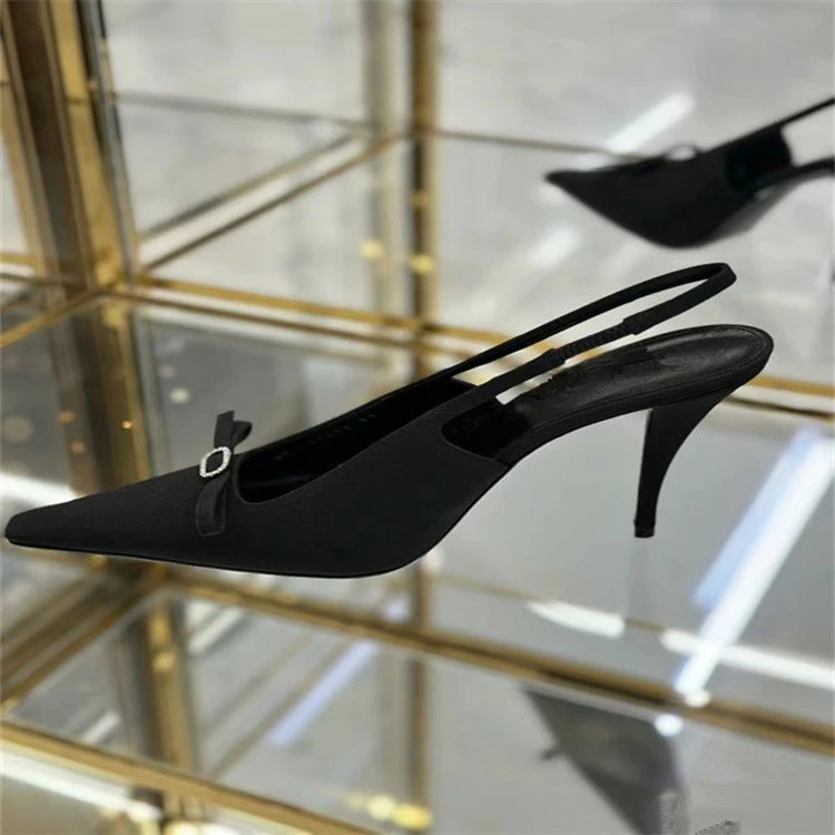 Unbranded High Heels Black satin slingback stiletto with pointed toe and crystal buckle bow image 2