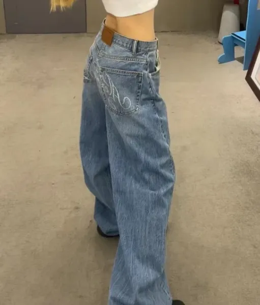 Design Wide-Leg Embroidered Denim Jeans Light Blue - 8