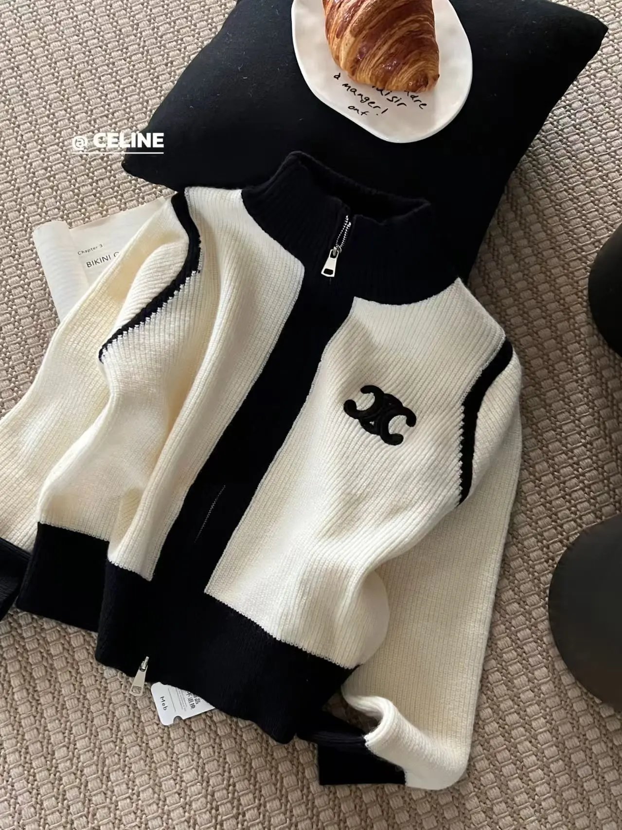 Celine CC Logo Ribbed Knit Zip-Up Sweater Beige and Black - 5