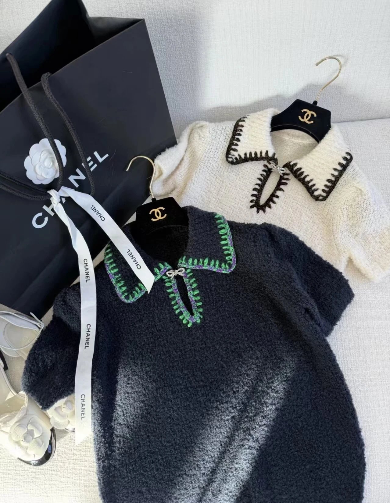 Chanel Tweed-Style Knit Polo in Navy and Ivory with Embroidered Collar - 3
