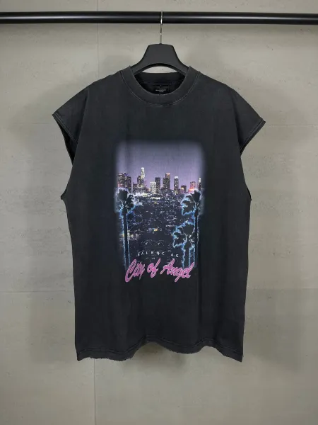 Balenciaga City of Angel Print Distressed Black T-Shirt - 8