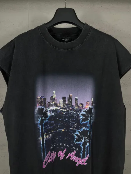 Balenciaga City of Angel Print Distressed Black T-Shirt - 9