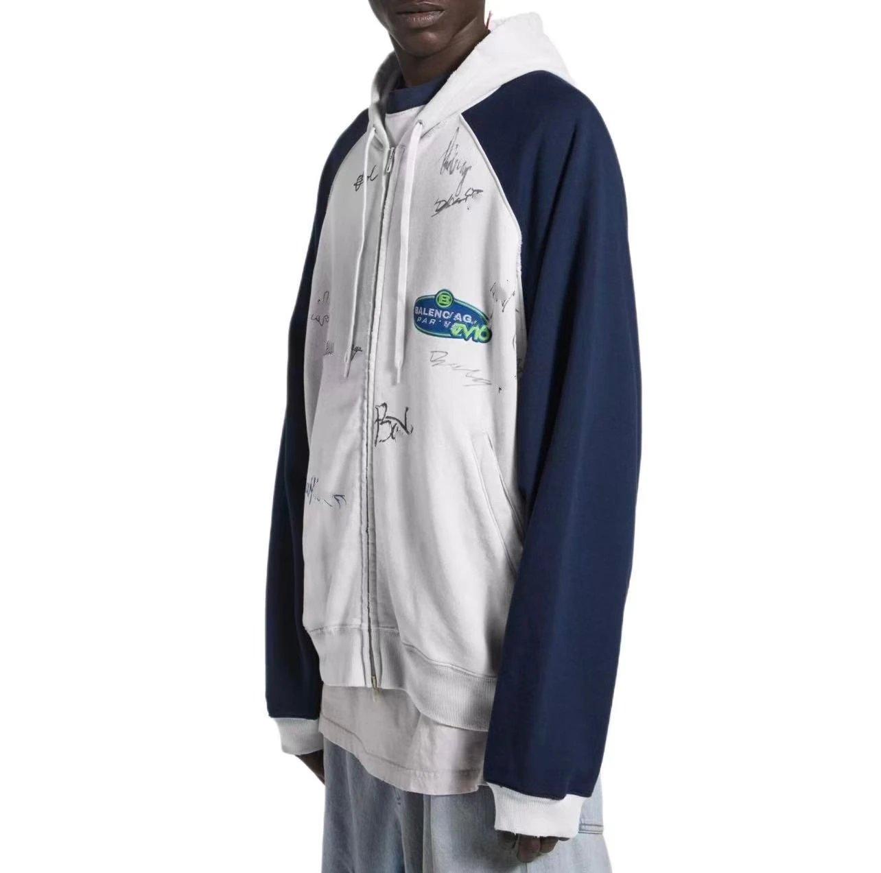 Balenciaga x GMBH Signature-Print Raglan Hoodie White/Navy - 6