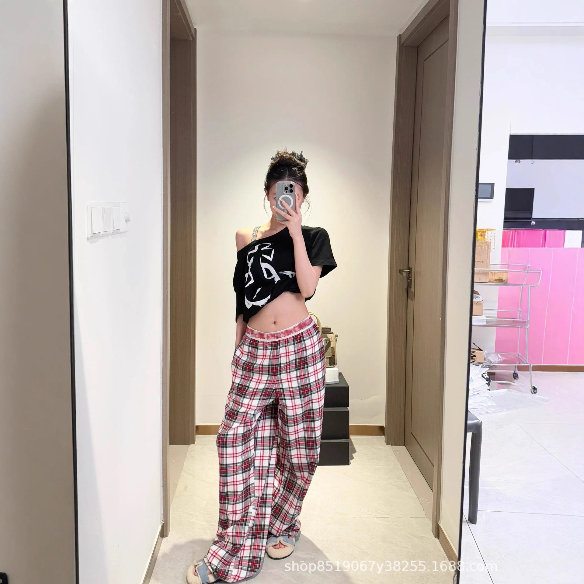 Unbranded Trousers Plaid wide-leg with elastic logo waistband image 2