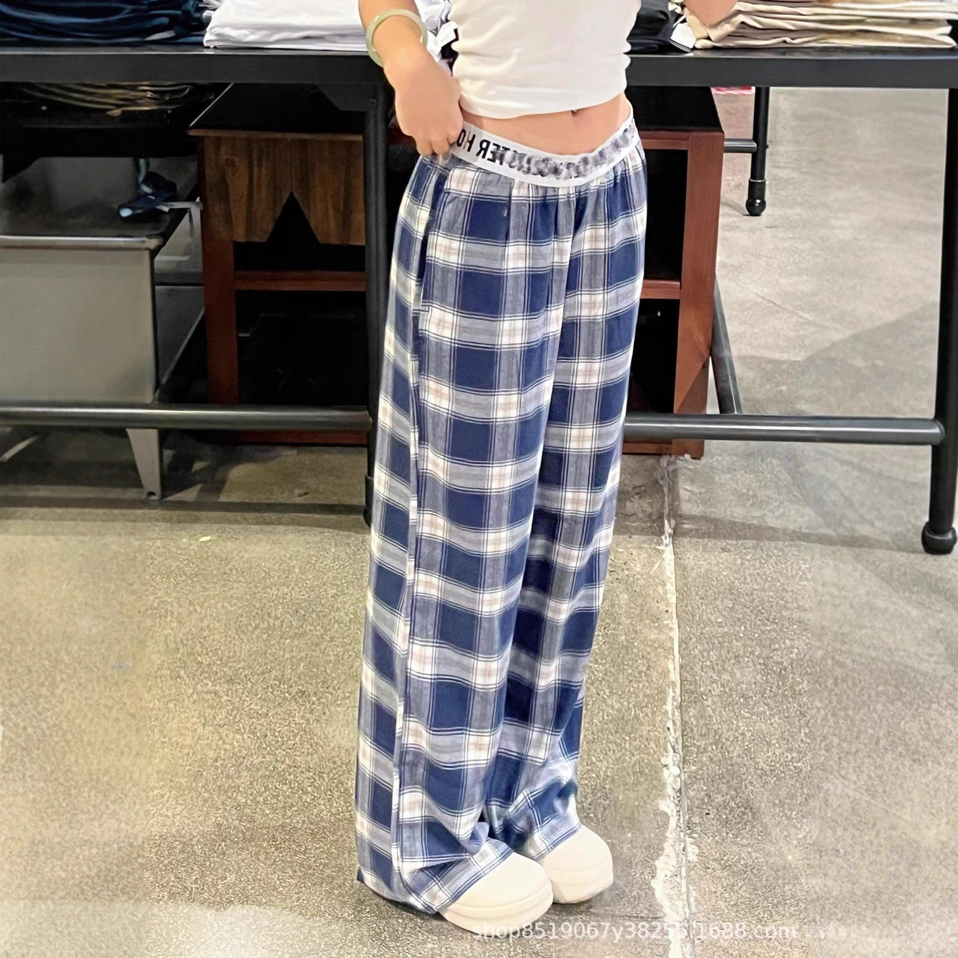 Unbranded Trousers Plaid wide-leg with elastic logo waistband image 3