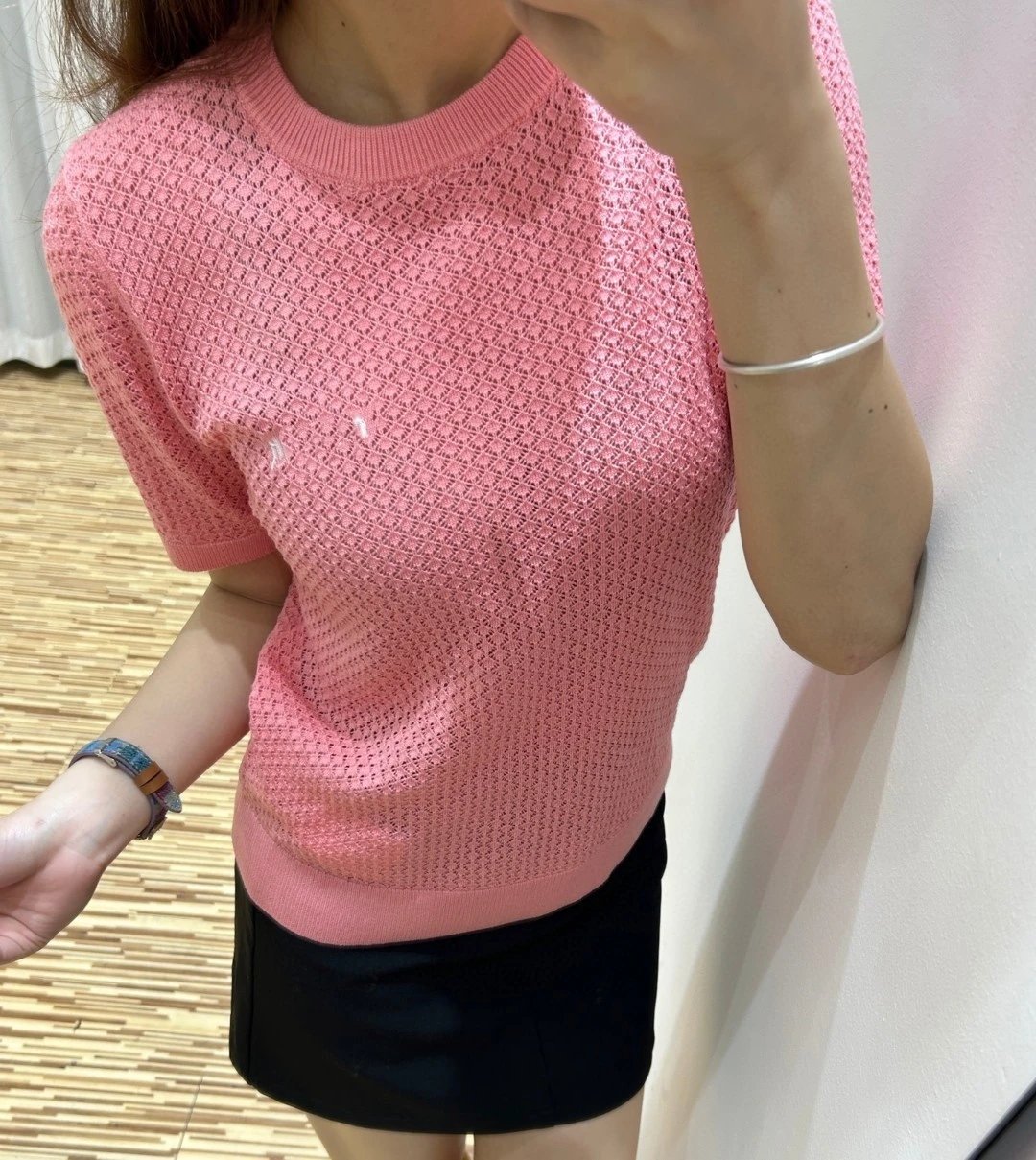 MMY Mesh Knit Short-Sleeve Sweater Pink - 3