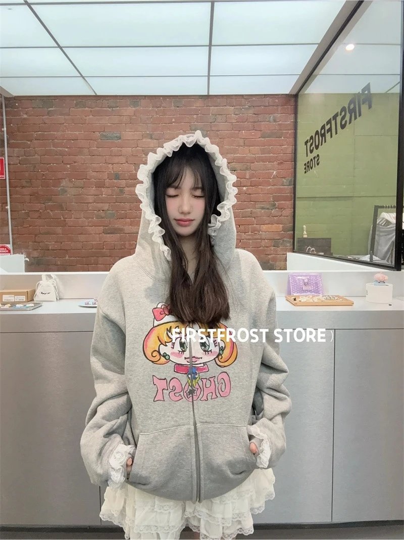 GRA Ghost Girl Ruffle Hoodie Gray - 19