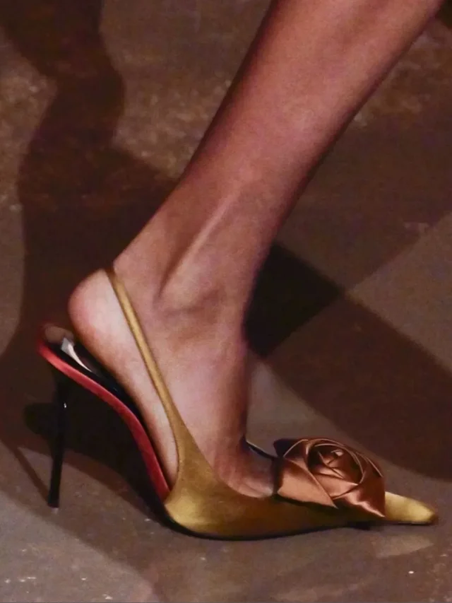 Saint Laurent High Heels Satin rose-appliqué pointed-toe slingback stilettos product detail image 2
