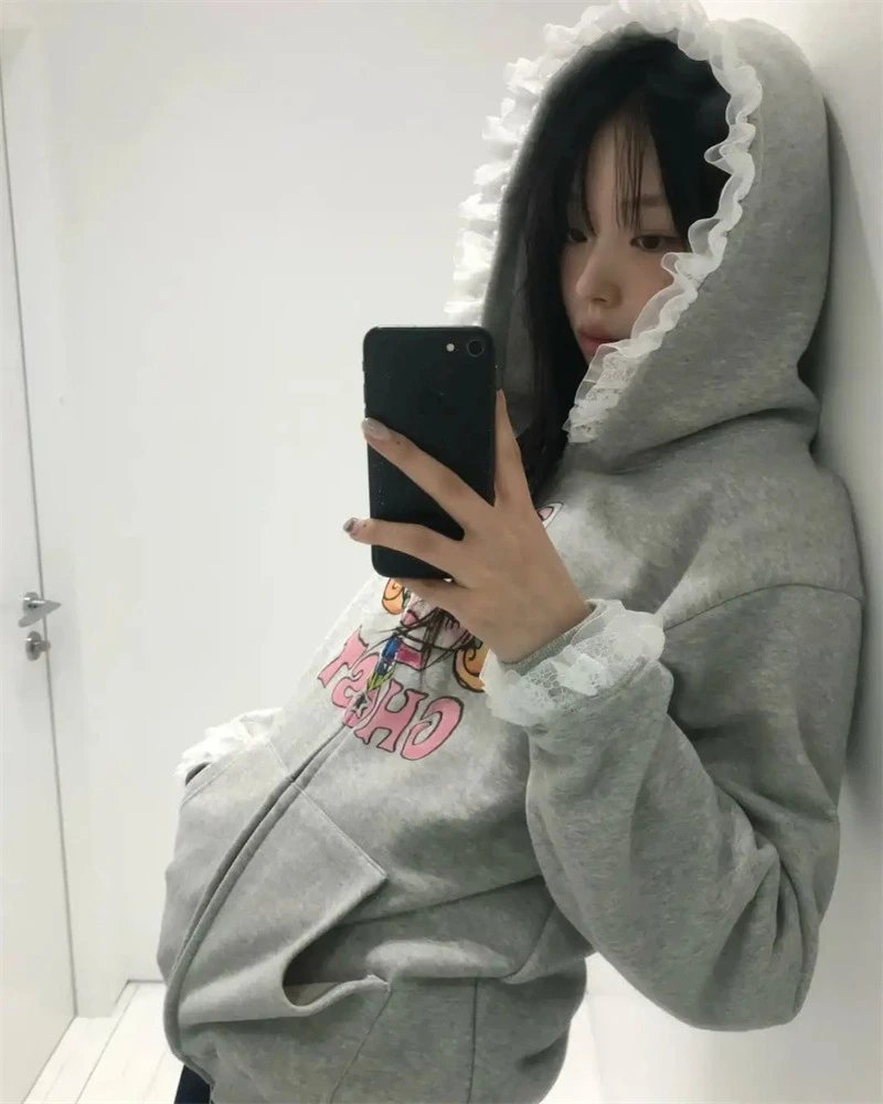 GRA Ghost Girl Ruffle Hoodie Gray - 23
