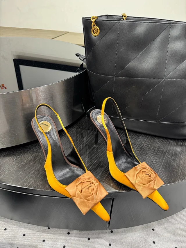 Saint Laurent High Heels Satin rose-appliqué pointed-toe slingback stilettos product detail image 9