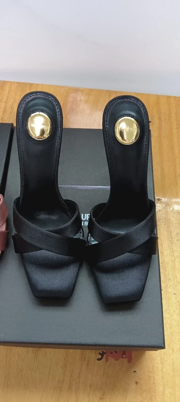 Saint Laurent High Heels Cross-Strap Open-Toe Mule with YSL Logo Heel product detail image 5