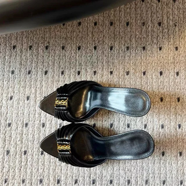 Saint Laurent High Heels Black pointed-toe pleated mule with YSL metal logo product detail image 5