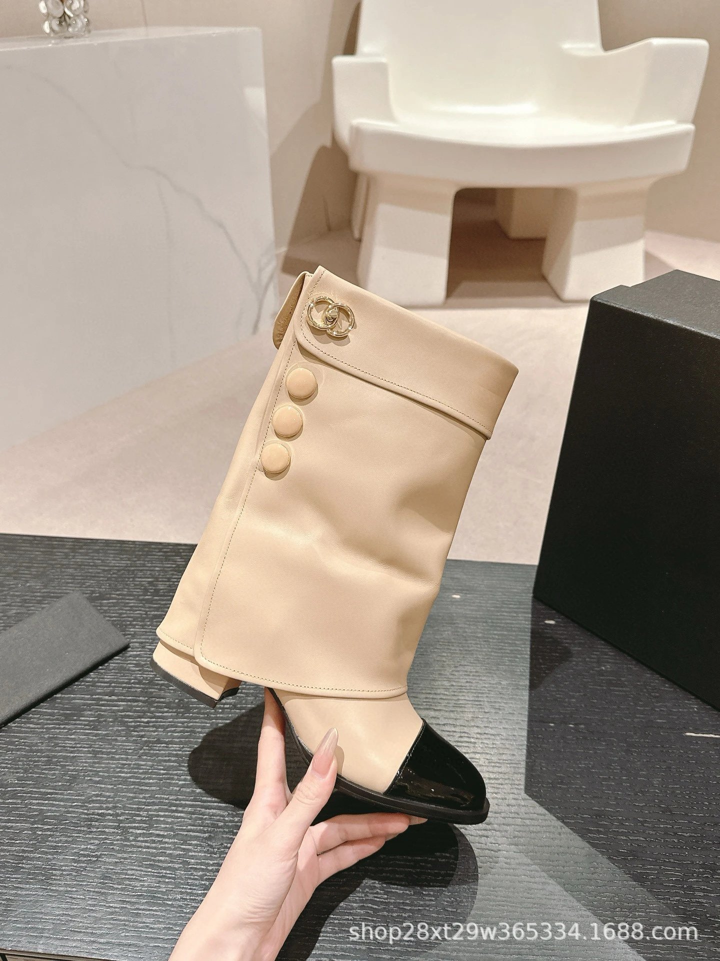 Chanel Two-Tone Buttoned Calfskin Ankle Boots Beige Black