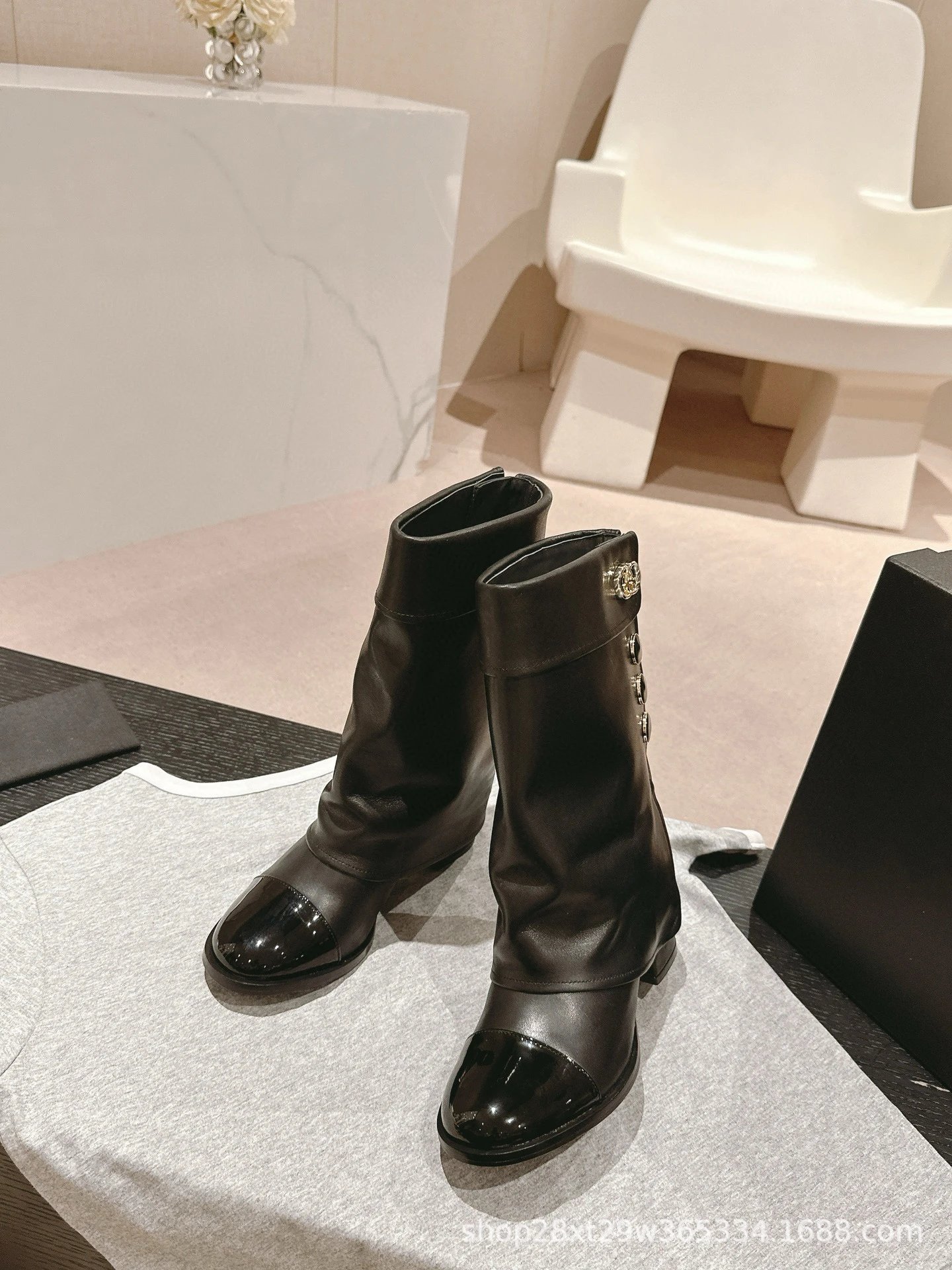 Chanel Classic Buttoned Knee-High Boot Beige and Black Patent Leather Boots - 8