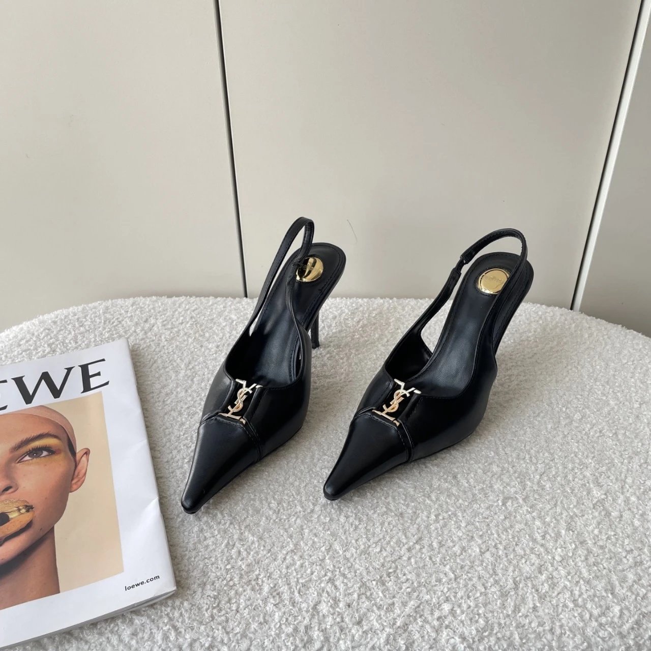 Saint Laurent High Heels Pointed-Toe Slingback Stiletto with YSL Monogram image 3