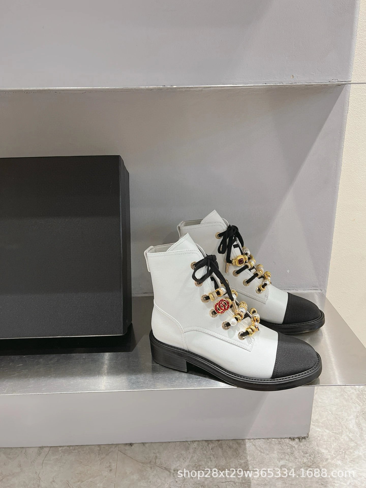 Dior Saddle Boots Black Pearl-Embellished Combat Boots - 10