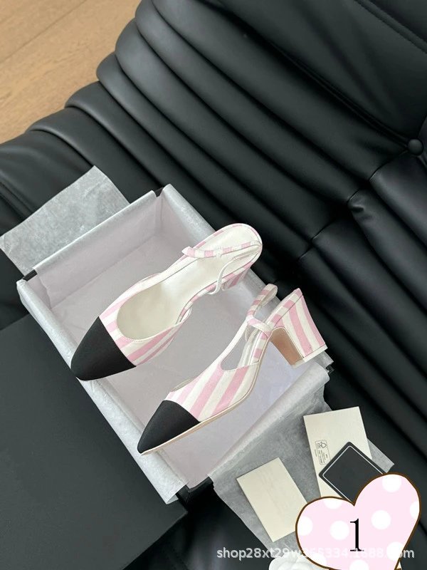 Chanel-inspired Tweed Slingback Block Heels Pink Tip - 2
