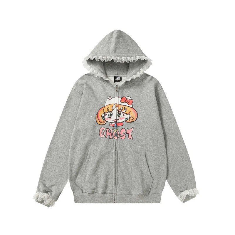 GRA Ghost Girl Ruffle Hoodie Gray - 4