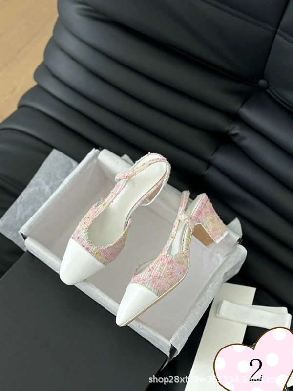 Chanel-inspired Tweed Slingback Block Heels Pink Tip - 3