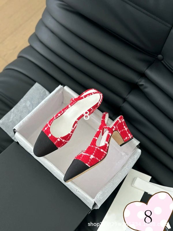 Chanel-inspired Tweed Slingback Block Heels Pink Tip - 9