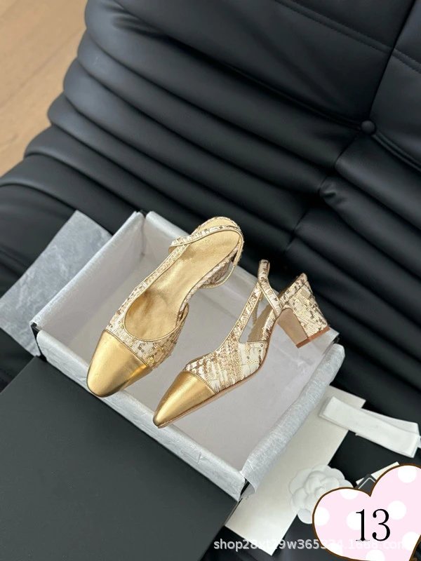 Chanel-inspired Tweed Slingback Block Heels Pink Tip - 14