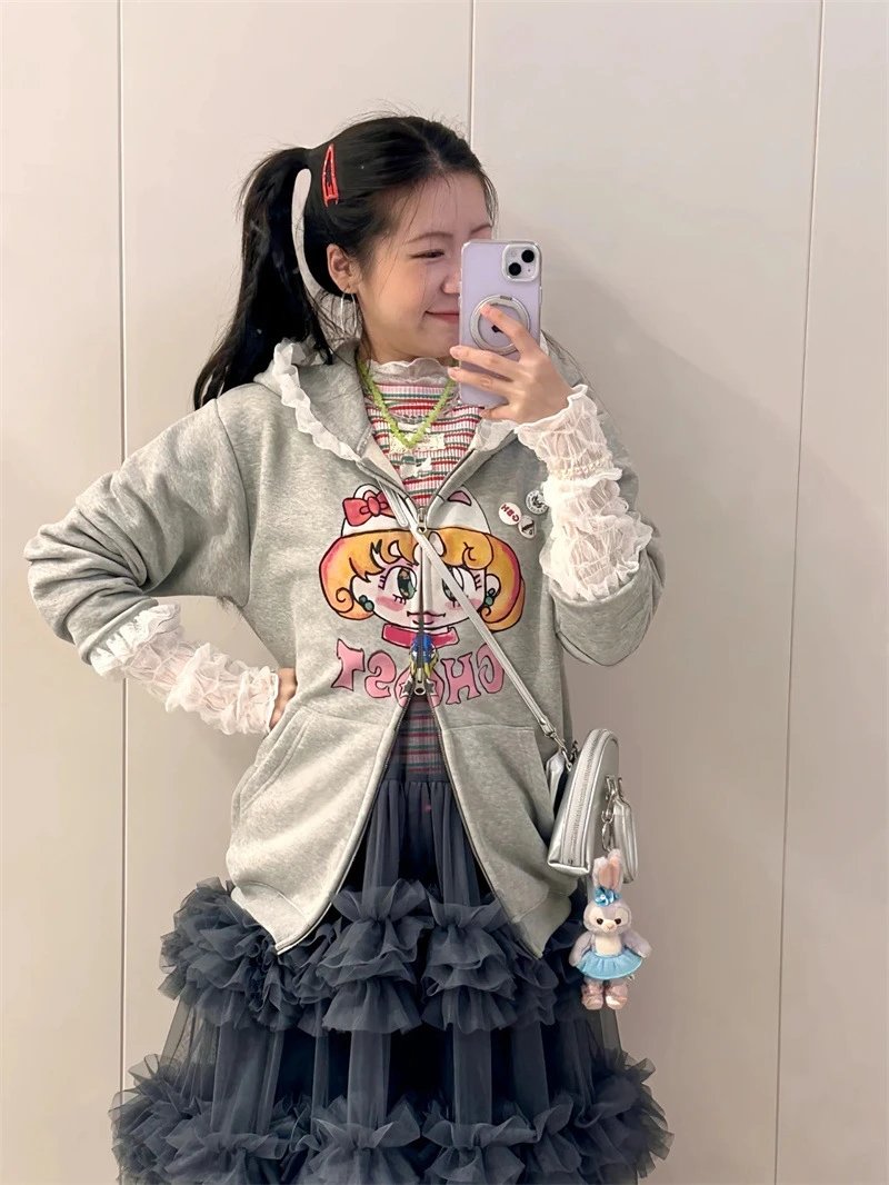 GRA Ghost Girl Ruffle Hoodie Gray - 20