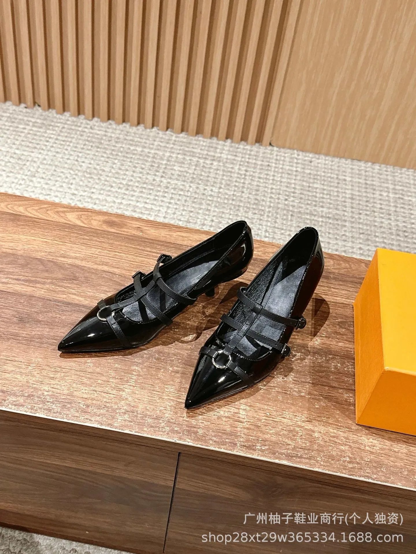 Black Pointed-Toe Mary Jane Flats with Double Strap and Ring Buckle - 21