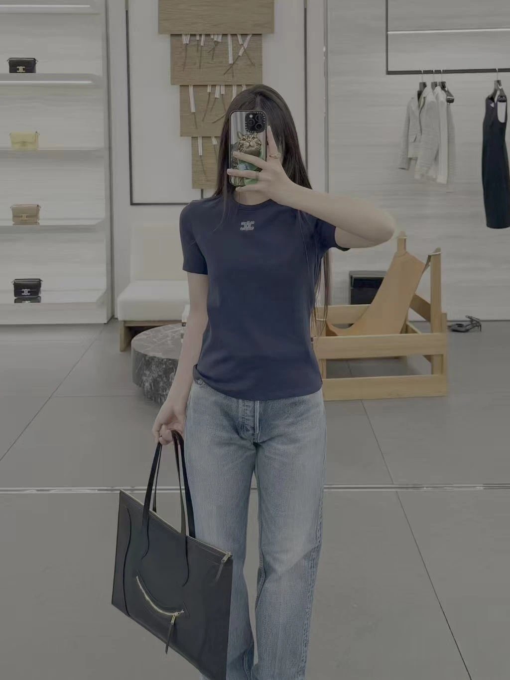 Celine Triomphe Logo Embroidered Black T-Shirt - 10