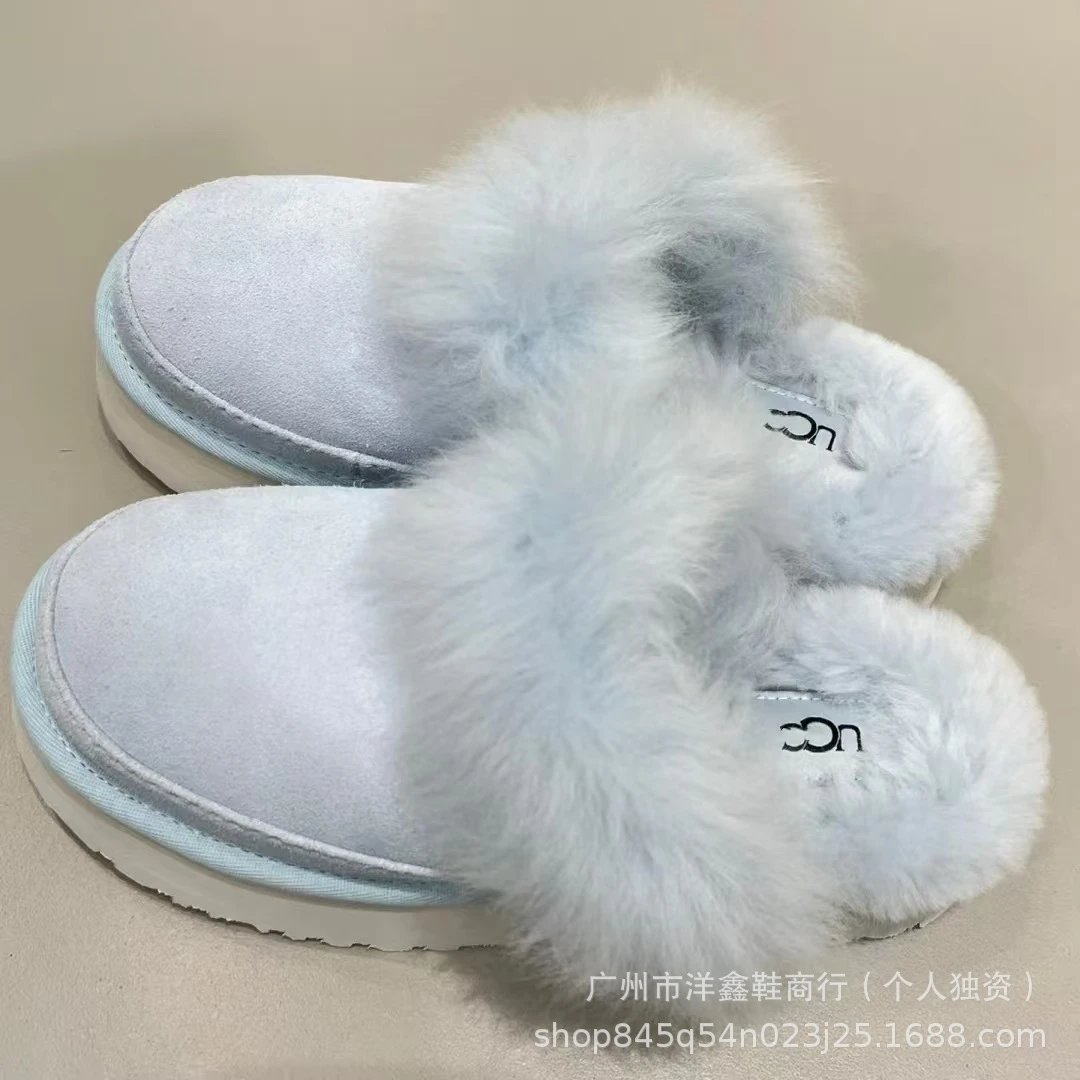 UGG Fluff Platform Slide Light Blue Faux Fur Slippers - 14