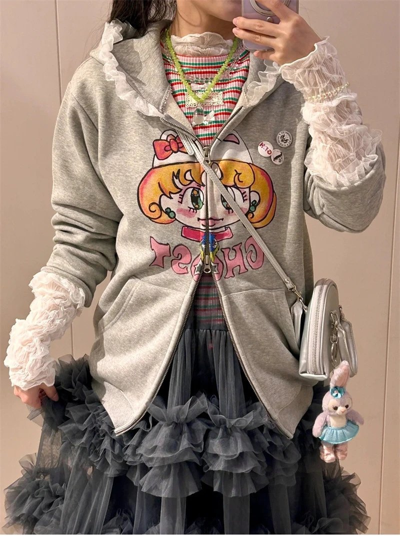 GRA Ghost Girl Ruffle Hoodie Gray - 21