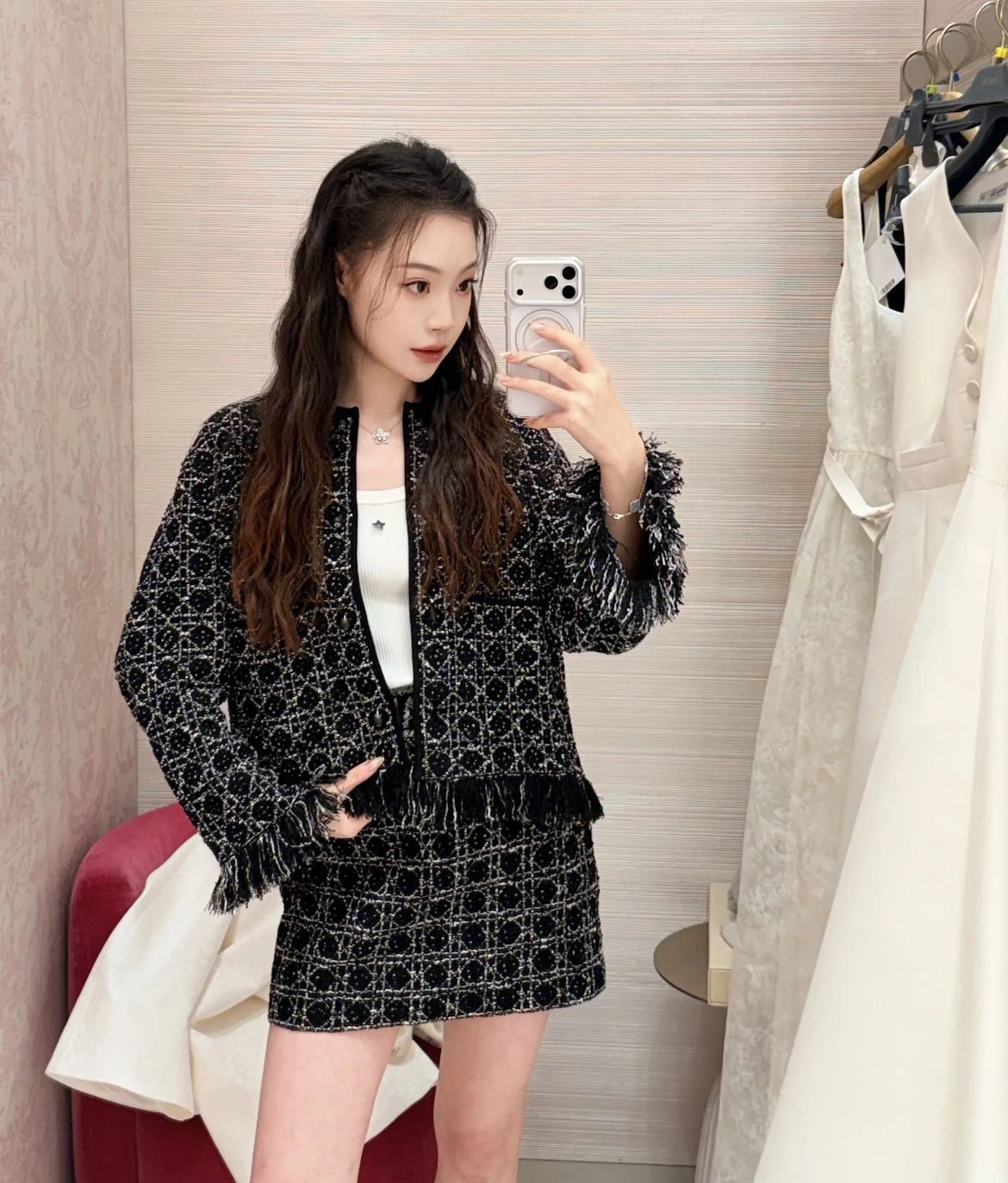 Dior Oblique Tweed Fringe Jacket Black Multicolor Outerwear - 3